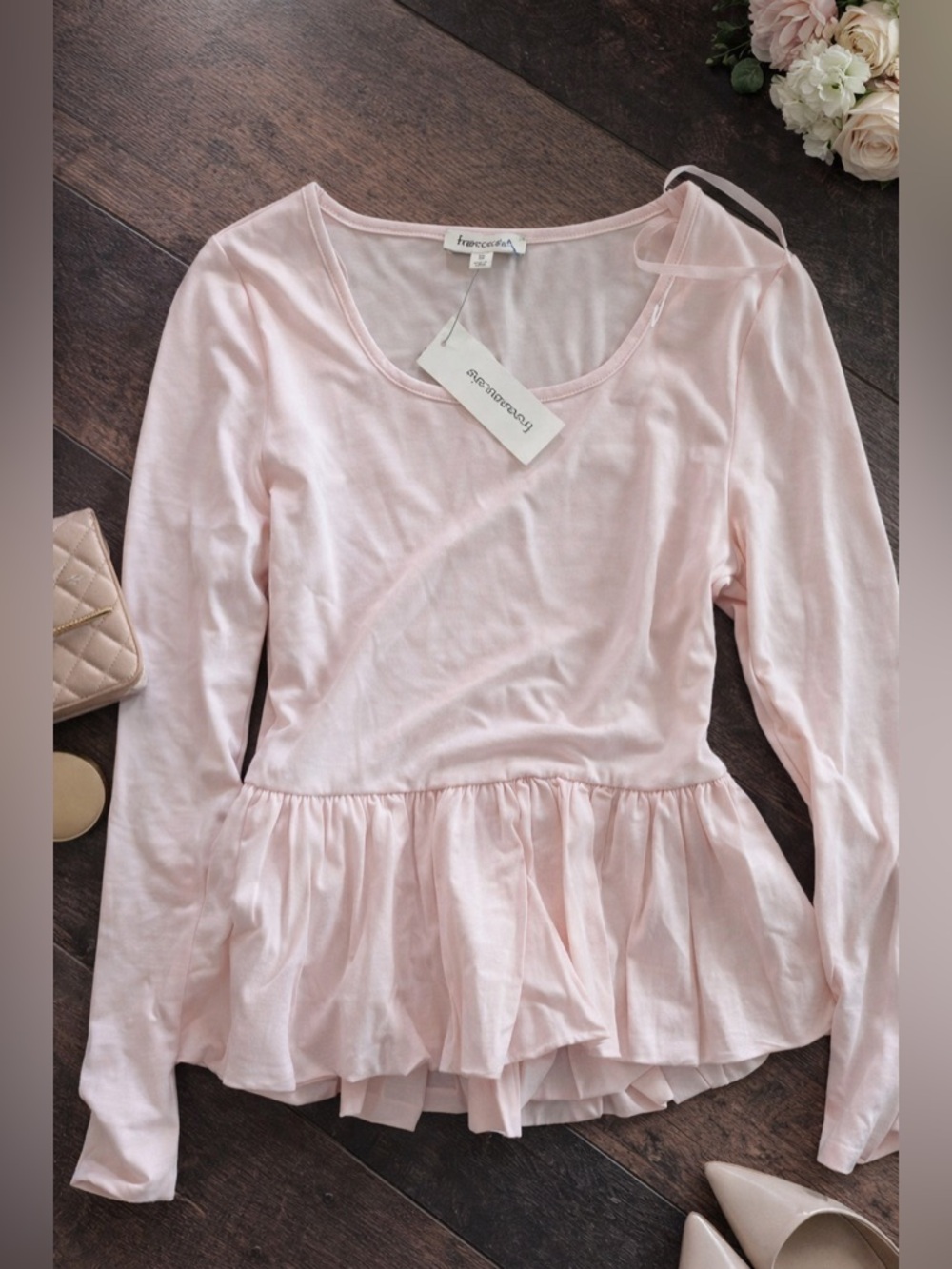 Francesca’s Pink Peplum Top Long Sleeve Soft Girl Babydoll Size Small